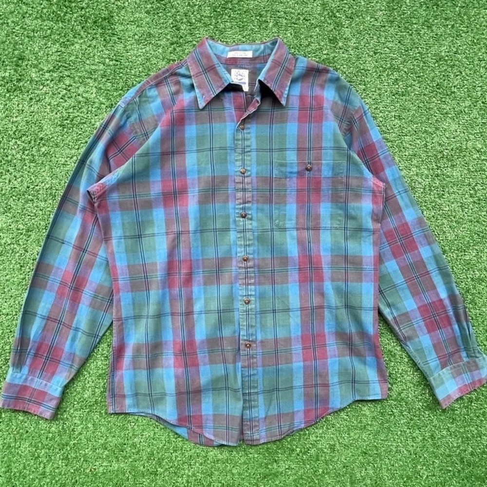 Vintage Men's Plaid Button-Down Shirt in Teal & Purple